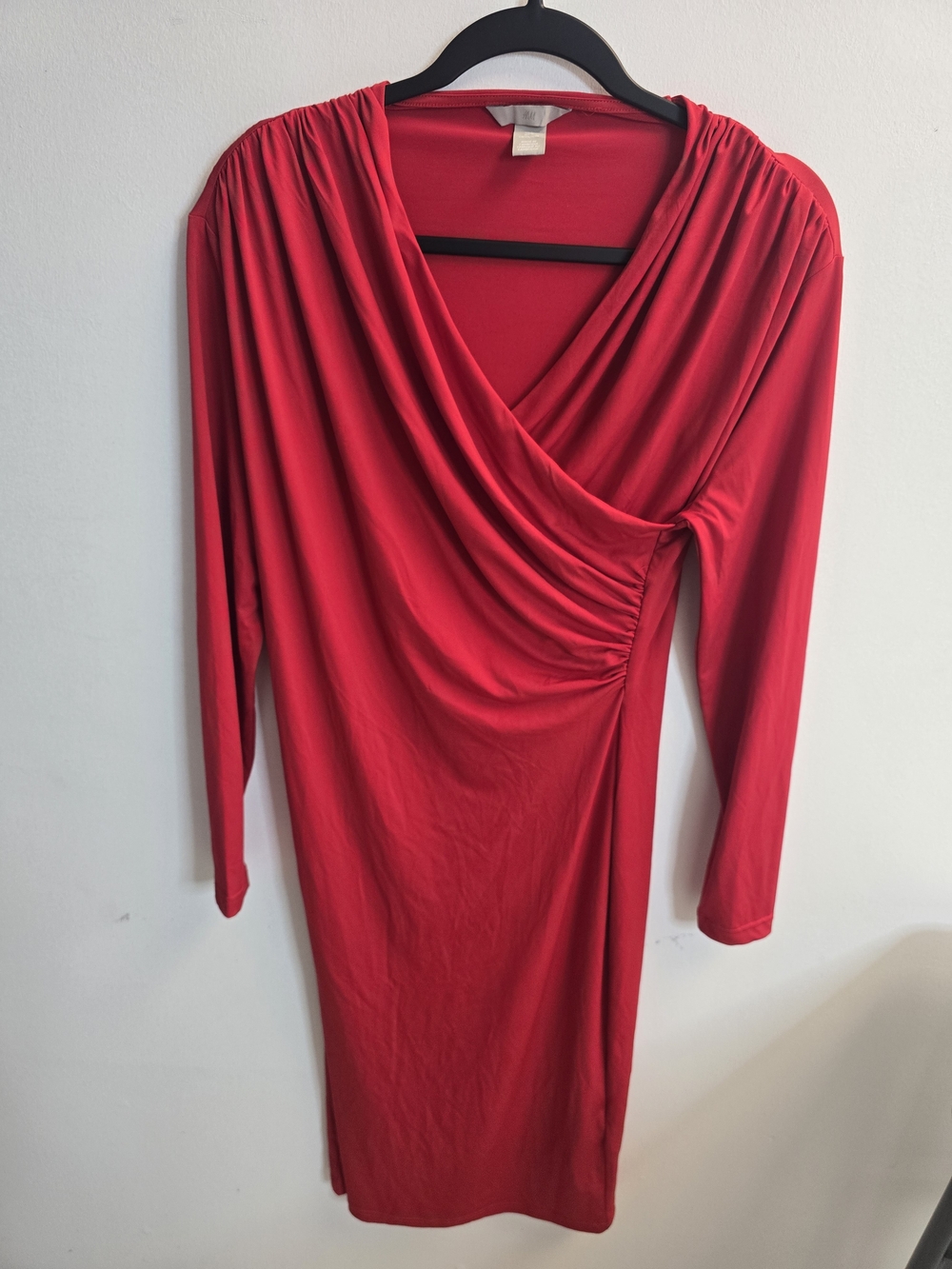 H&M Red Long-Sleeve Draped Wrap Dress